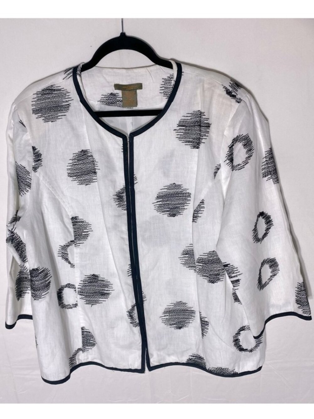 Vintage Ann Carson White W Black Dots Hook Closure Front Linen Light Jacket 1X